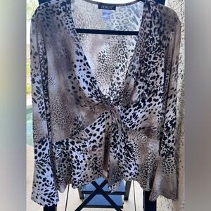SZL VENUS mixed animal print bell accent sleeve Tie Front Blouse.